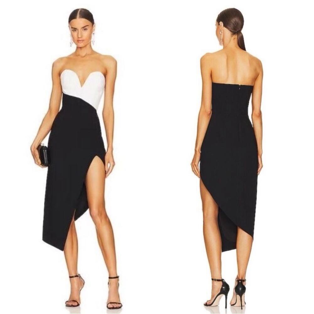 AMANDA UPRICHARD Soiree Strapless Asymmetrical Black and White Midi Dress Sz XS